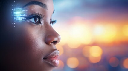 Wall Mural - A woman's face is shown with a blue light on her eyes