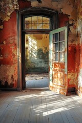 Canvas Print - Open Doorway in Abandoned Building with Sunlight Shining Through