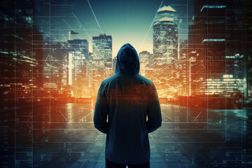 cybersecurity concept. Futuristic double exposure. Unknown man and city overlayed with data. High quality photo