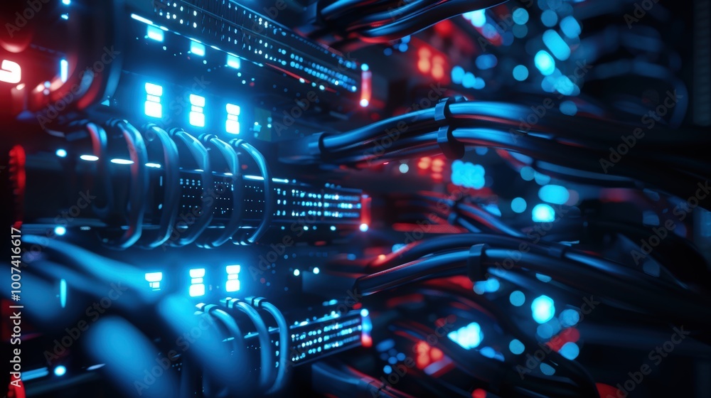Fiber Optic cables connected to an optic ports in data center, Network ...