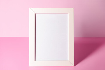 Beautiful blank photo frame on pink background