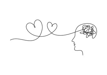 mental health therapy concept in one line art. head and hearts connection. minimalist vector.