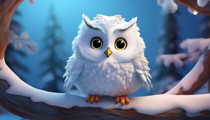 Canvas Print - Cute Cartoon Snow Owl on a Winter Branch