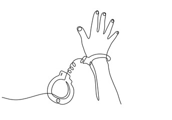 Wall Mural - Handcuffed hands in one line drawing. Law and justice theme. People arrested concept. Vector art.