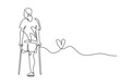 © berkahlineart - Man with crutches and love, walking in one line drawing. Disabled people concept.