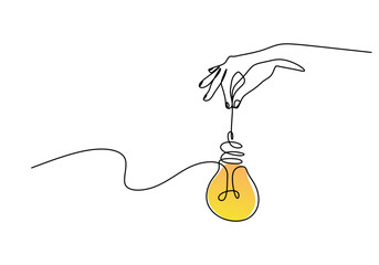 Wall Mural - hand holding a light bulb in one line drawing. minimalist concept of creative ideas.