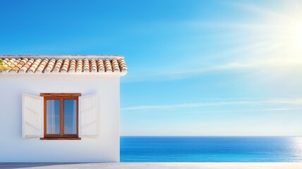 A white house with a blue roof and a window overlooking the ocean