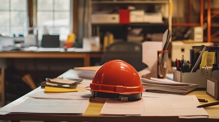 Wall Mural - Safety Helmet on Desk with Construction Plans - Safety Inspector Concept.