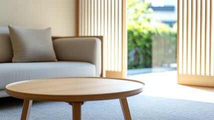 Wall Mural - A living room with a wooden coffee table and a couch