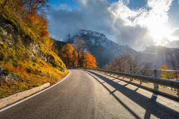 Wall Mural - mountain road at sunset in autumn. alps, italy. beautiful winding alpine road, snowy rocks, trees, o