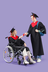 Poster - Female graduate in wheelchair receiving diploma on lilac background