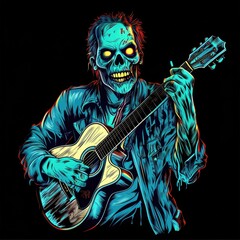 A vibrant, glowing skeleton playing an acoustic guitar against a black background.