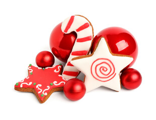 Sticker - Christmas balls with gingerbread cookies on white background