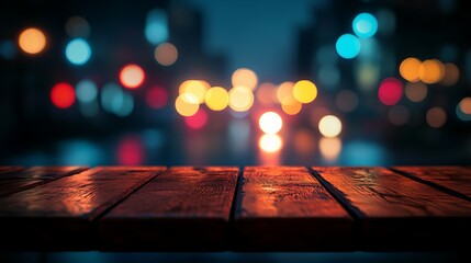 Wall Mural - Wooden Tabletop with Bokeh City Lights in the Background