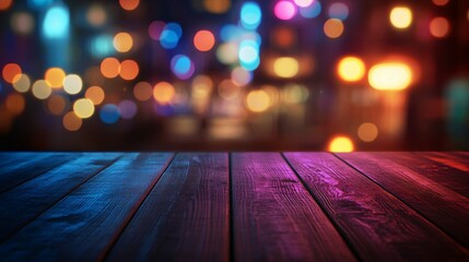 Wall Mural - Wooden Surface with Blurred Colorful Lights in the Background