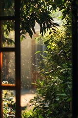 Poster - Sunlight Through Window and Green Foliage