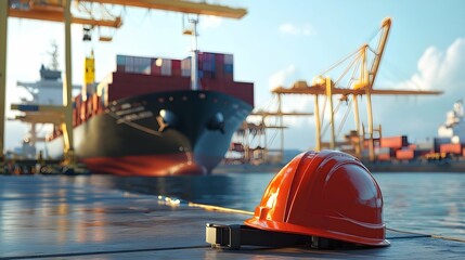 Safety Helmet on Dock with Cargo Ship in Background.