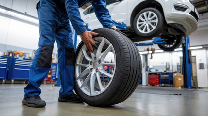 A man is changing a tire on a car. The tire is on the ground and the car is on a lift