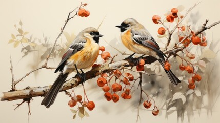 Naklejka na meble Two Birds on a Branch with Berries