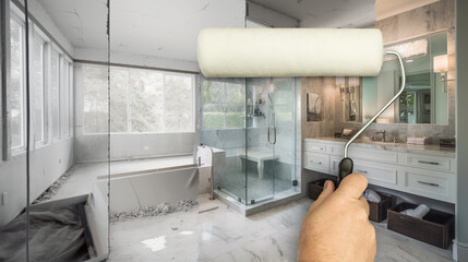 Before and After of Man Using Painting Roller to Reveal Newly Remodeled Master Bathroom Under Unfinished Construction Zone.