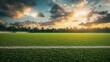 © Vilaphon  - A soccer field illuminated by stadium lights with lush green grass and a cloudy sky, rendered in 3D with space for advertising