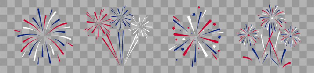 Wall Mural - Exploding Fireworks Fourth of July. Set of fireworks with a red and blue stars and sparks . United states of america independence day fireworks. Red, blue fireworks for 4th of July .