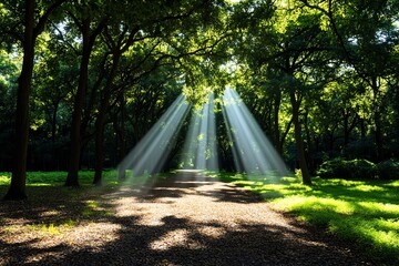 A tranquil forest scene with sunlight filtering through the trees, highlighting the serenity and beauty of natureâ€™s scenery.