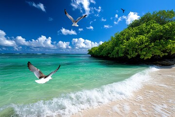 A tranquil nature scene of the ocean meeting a lush green forest, where waves gently lap against the shore and birds fly above the treetops.