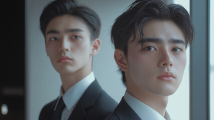 Asian twin males, copy space, looking at the subject with a serious or sad expression