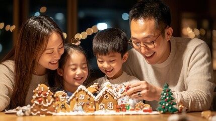 A family decorating gingerbread houses at the kitchen table, with a mix of Chinese and Christmas-themed designs, enjoying the creative and fun activity together