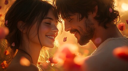 Wall Mural - a young couple in love, embracing with a joyful smile, surrounded by falling petals in a warm sunset