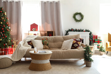 Sticker - Interior of living room with sofa, table and Christmas trees