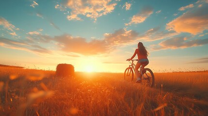 Wall Mural - woman riding bicycle through a golden field at sunset.