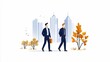 © Prim2513 - Two business professionals walk in an urban setting with tall skyscrapers and autumn foliage, embodying a blend of nature and city life.