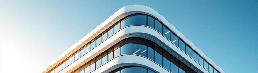 Modern building facade with sleek lines and large glass windows against a clear blue sky.