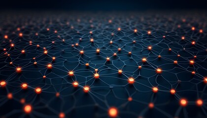 Wall Mural - Dynamic network grid representation with glowing orange nodes illustrating digital connectivity and data flow