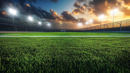 A 3D model of a soccer field with bright illumination, green grass, and a cloudy sky, offering copyspace for text or images