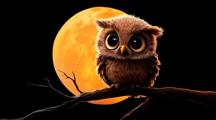 A cute cartoon owl perches on a branch with a large orange moon in the background.