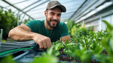 a smiling man in casual attire works on an irrigation system amidst lush green plants, reflecting mo