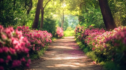 Poster - Lush Flower Pathway in a Serene Forest Setting