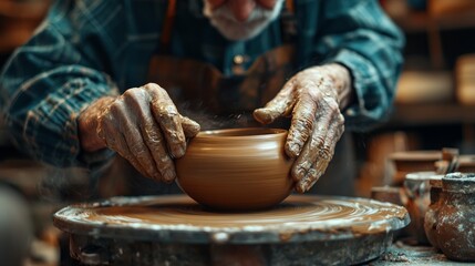 Elderly man shaping clay on pottery wheel in workshop