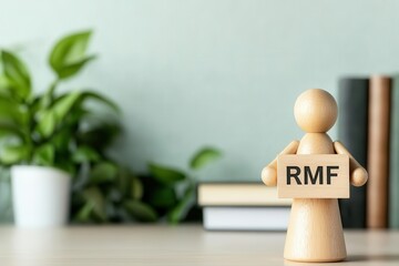 Wall Mural - wooden figure holding rmf sign, modern desk with green plant, books in background.