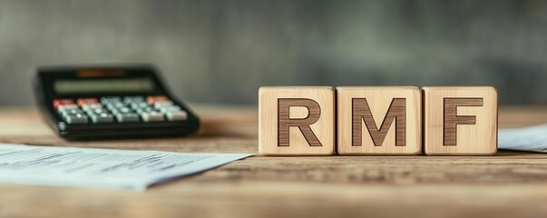 Wooden blocks with RMF letters on table with calculator and papers, white isolate background.