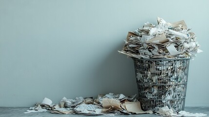 Wall Mural - overflowing trash bin with crumpled paper in a minimalistic room