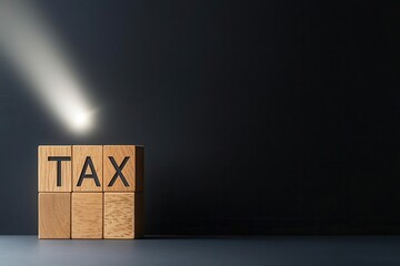 Wall Mural - wooden blocks spelling 'tax' with a spotlight on a dark background.