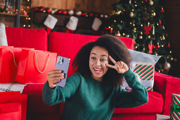 Canvas Print - Photo of positive cute girl take selfie show tongue video blog christmas atmosphere new year gifts online shopping indoors