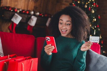 Wall Mural - Portrait of nice young girl astonished use phone hold credit card wear sweater new year xmas holiday flat indoors