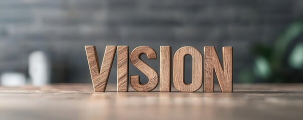 wooden letters spelling vision on a rustic table with blurred background.