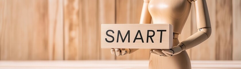 Wall Mural - wooden mannequin holding a sign that reads 'smart', warm background.