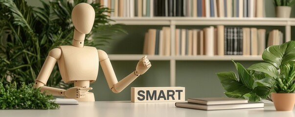 Wall Mural - wooden mannequin with 'smart' sign among plants and books on a table.